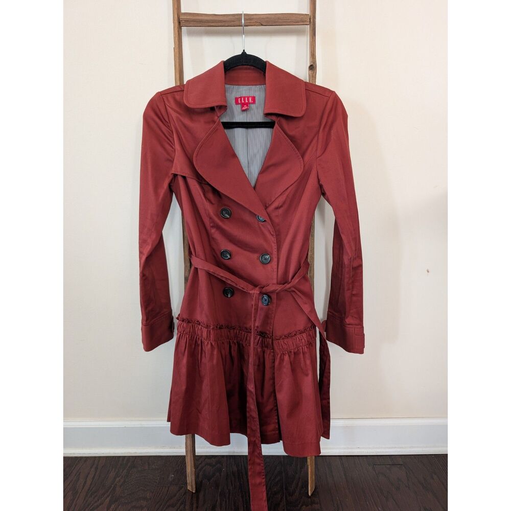 ELLE women’s burnt orange rust belted trench coat ruffle hem fit & flare XS